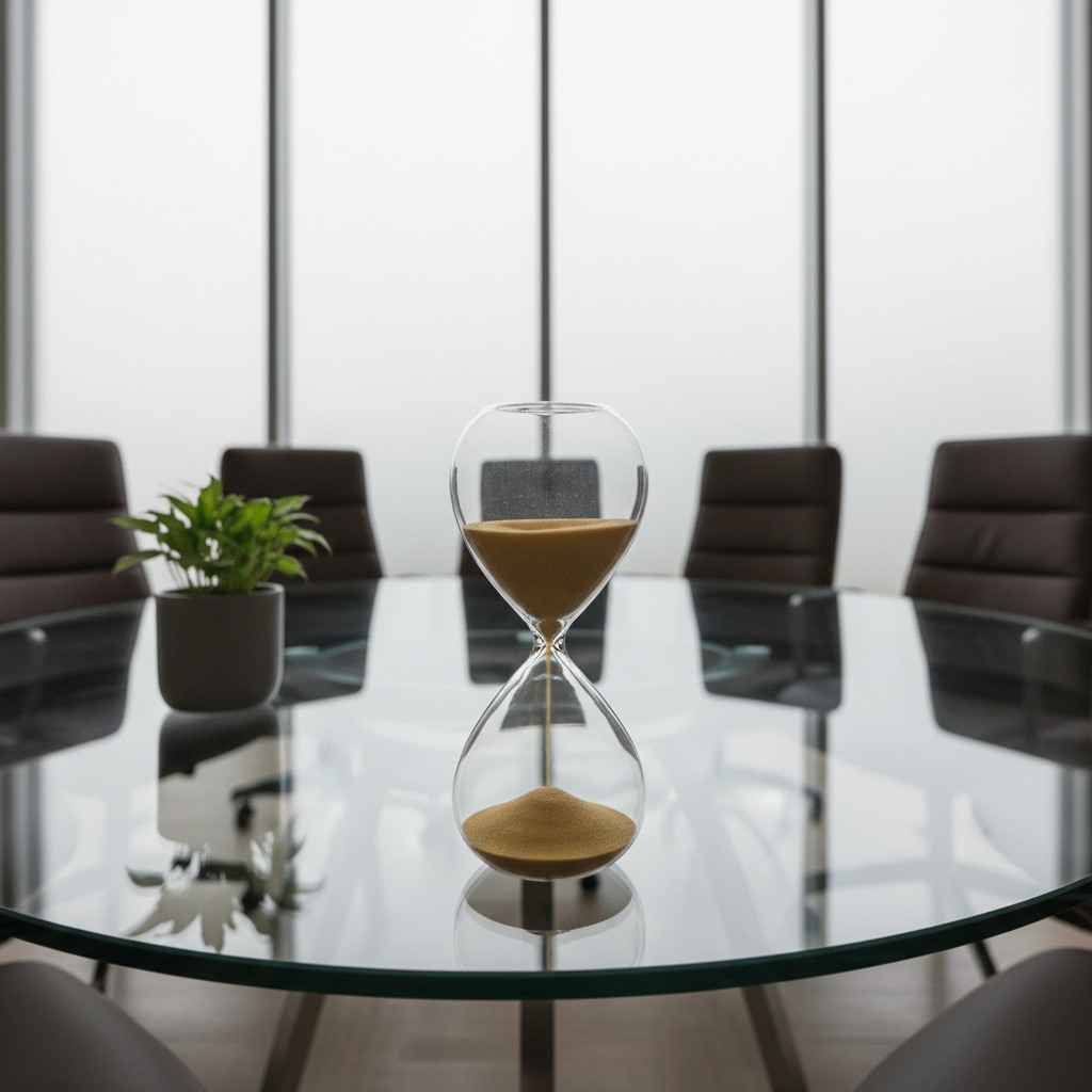 An office conference room with an hourglass on a circular glass table.